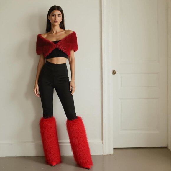 Women's Red Kalstage Fur Knee High Heeled Wide Calf Party Fashion Boots - Picture 6 of 6